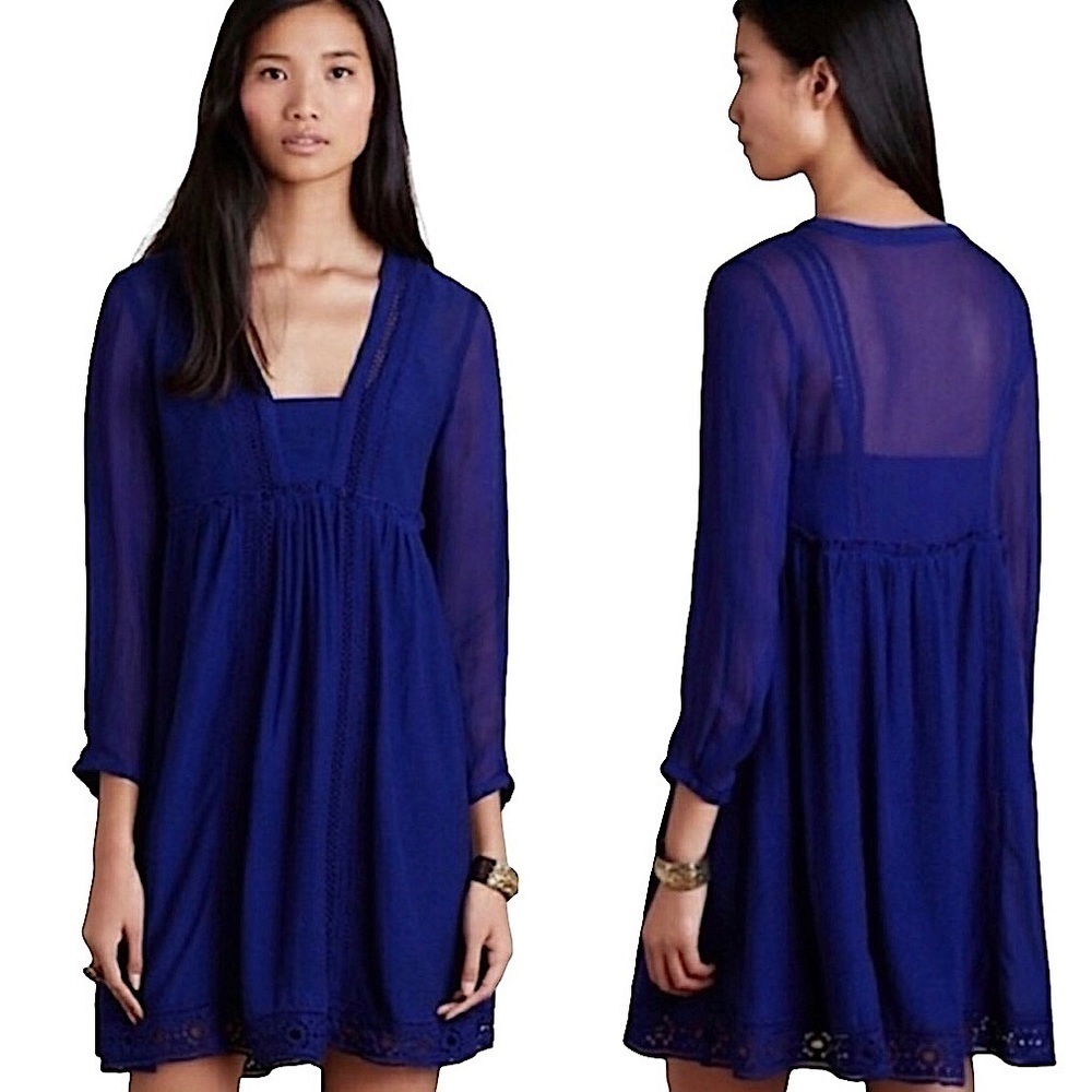 ANTHROPOLOGIE Vanessa Virginia Blue Northstar Lace Trim Sheer Dress Size 0